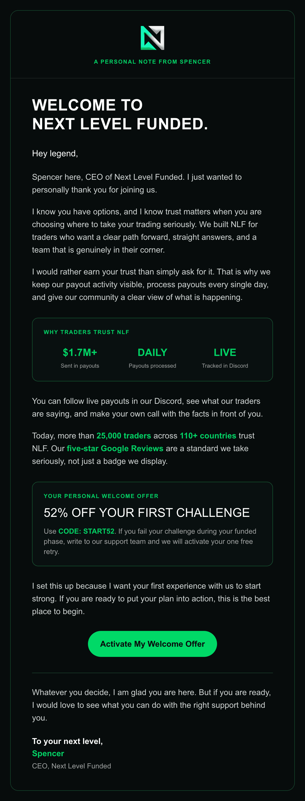 Spencer Welcome Note HTML email design