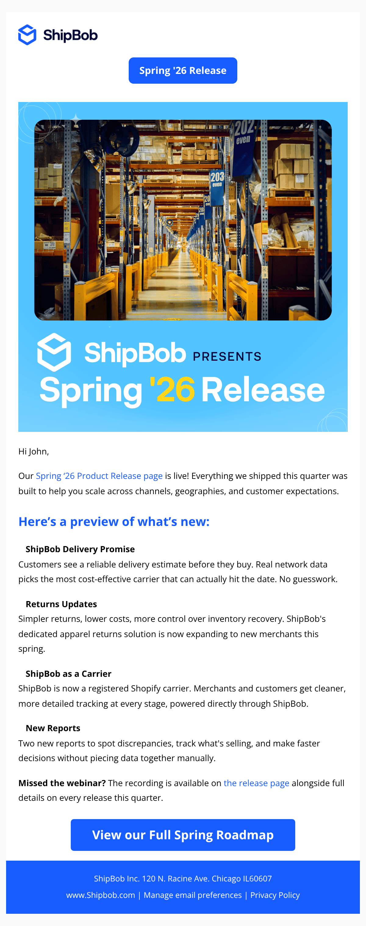 ดีไซน์อีเมล John, ShipBob's Spring '26 releases are live
