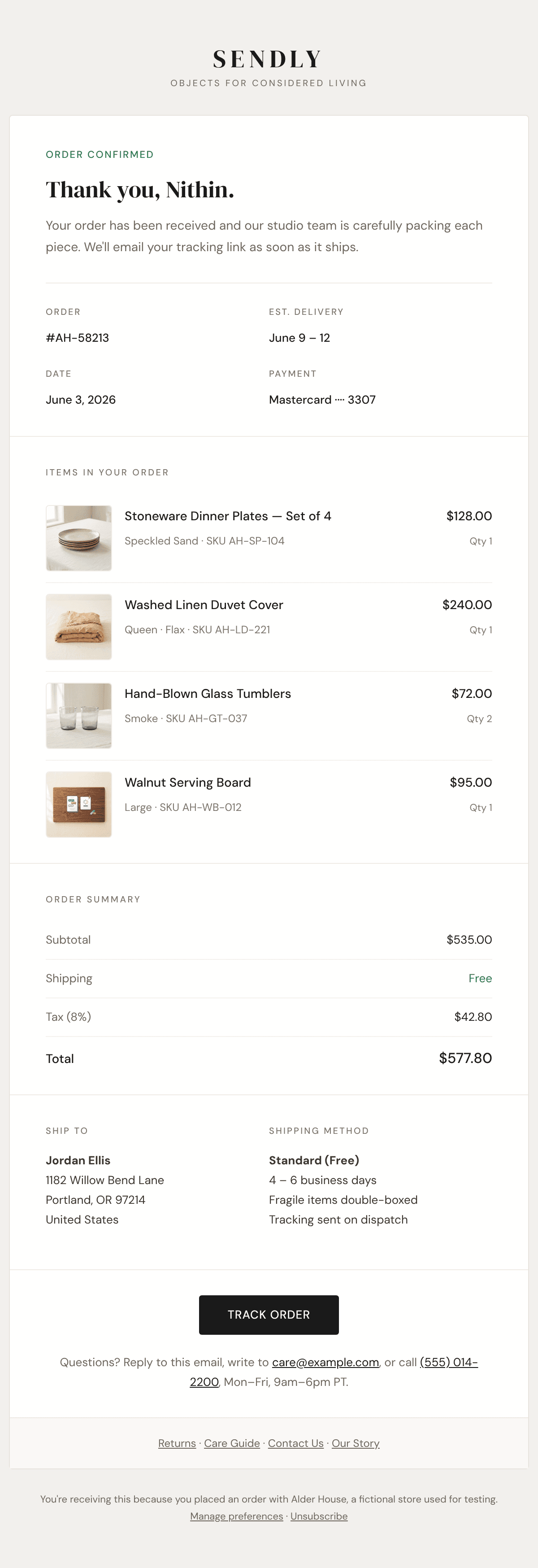 Polished Order Test email design