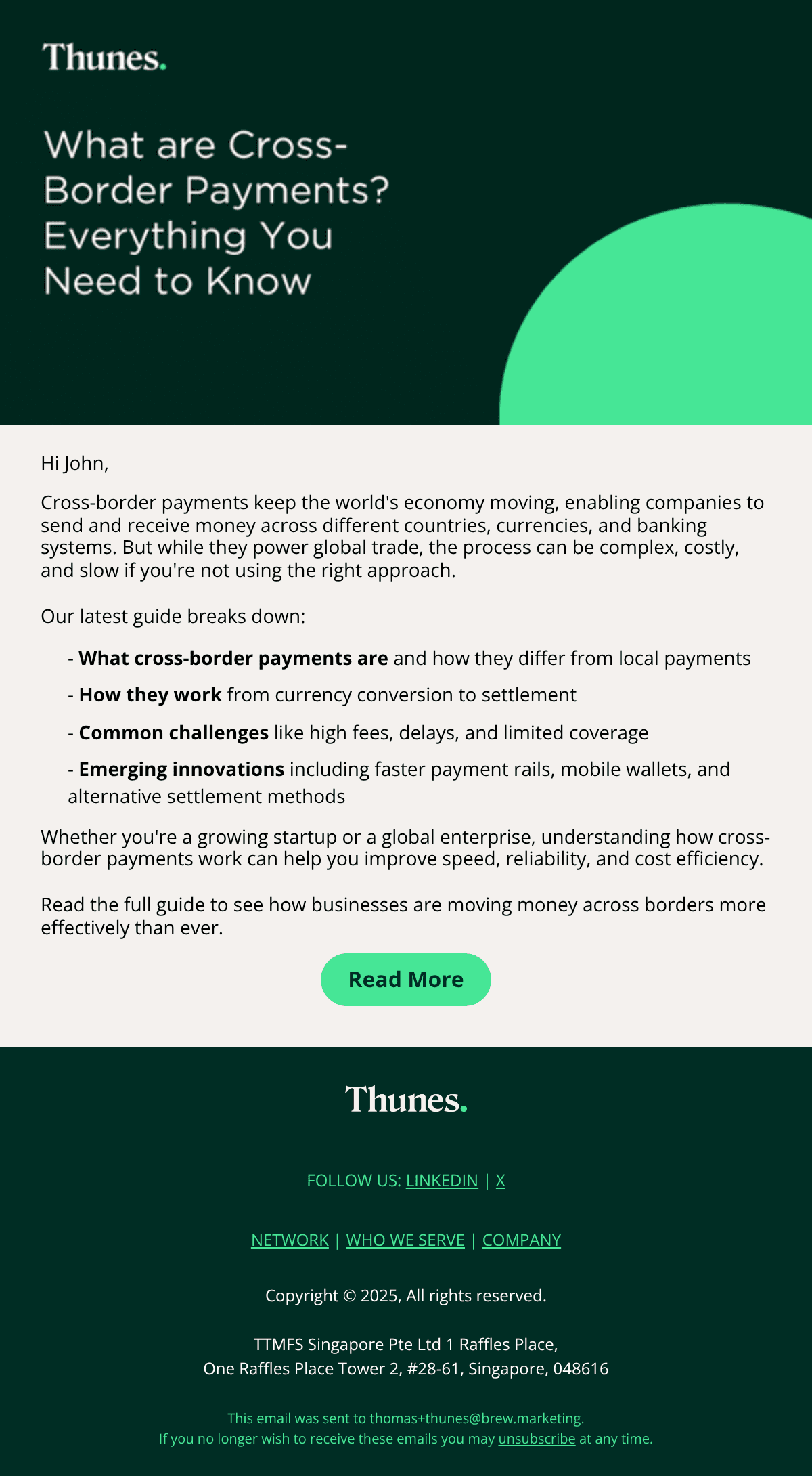 Diseño del email “Cross-border payments made simple”