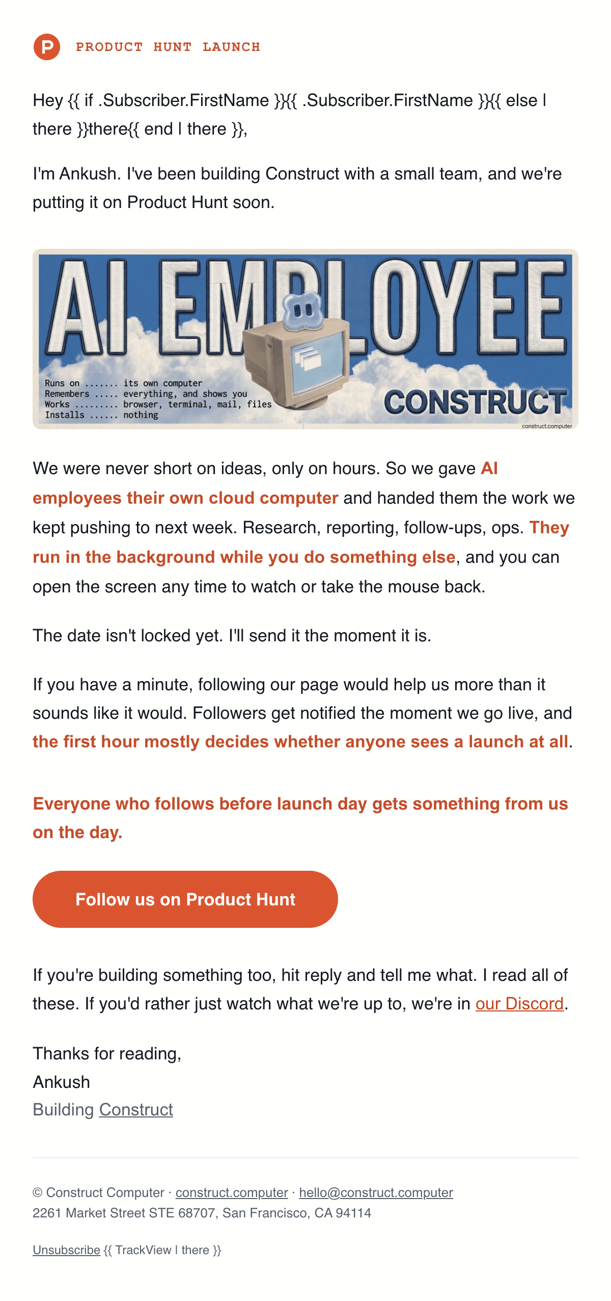 ดีไซน์อีเมล A quick note before our Product Hunt launch