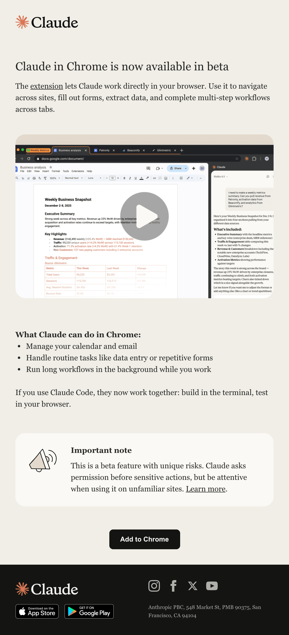 ดีไซน์อีเมล Claude in Chrome Beta