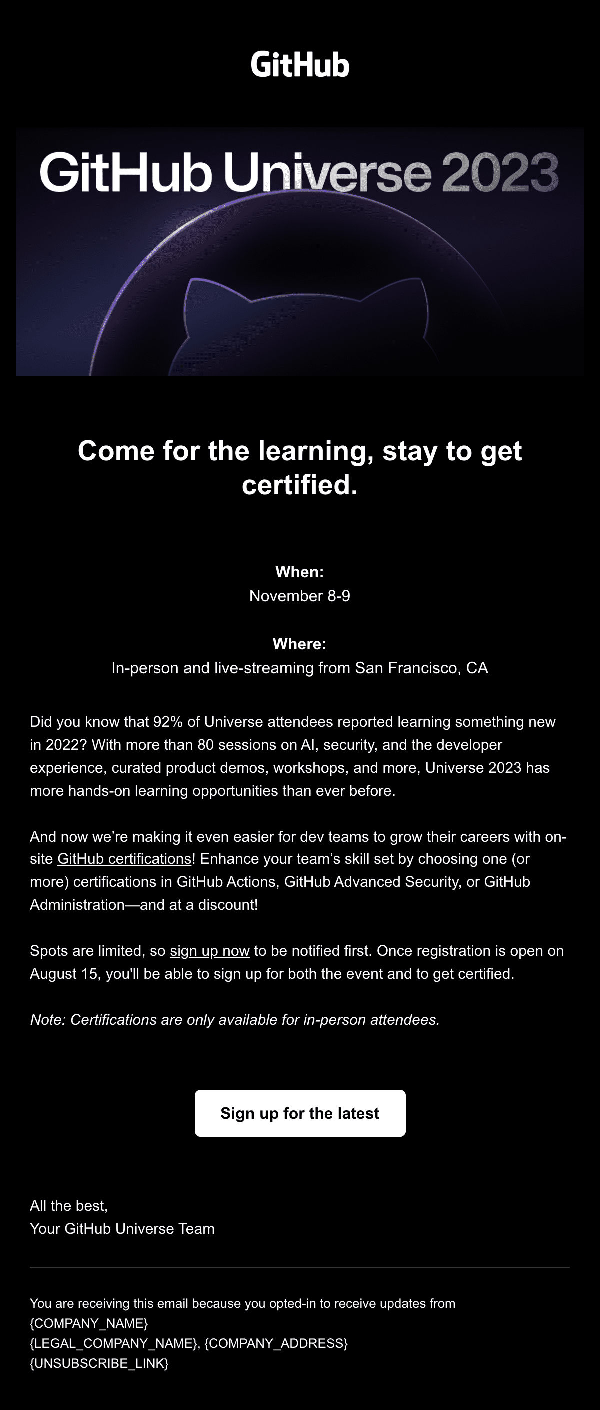 GitHub Universe — Get Certified email design
