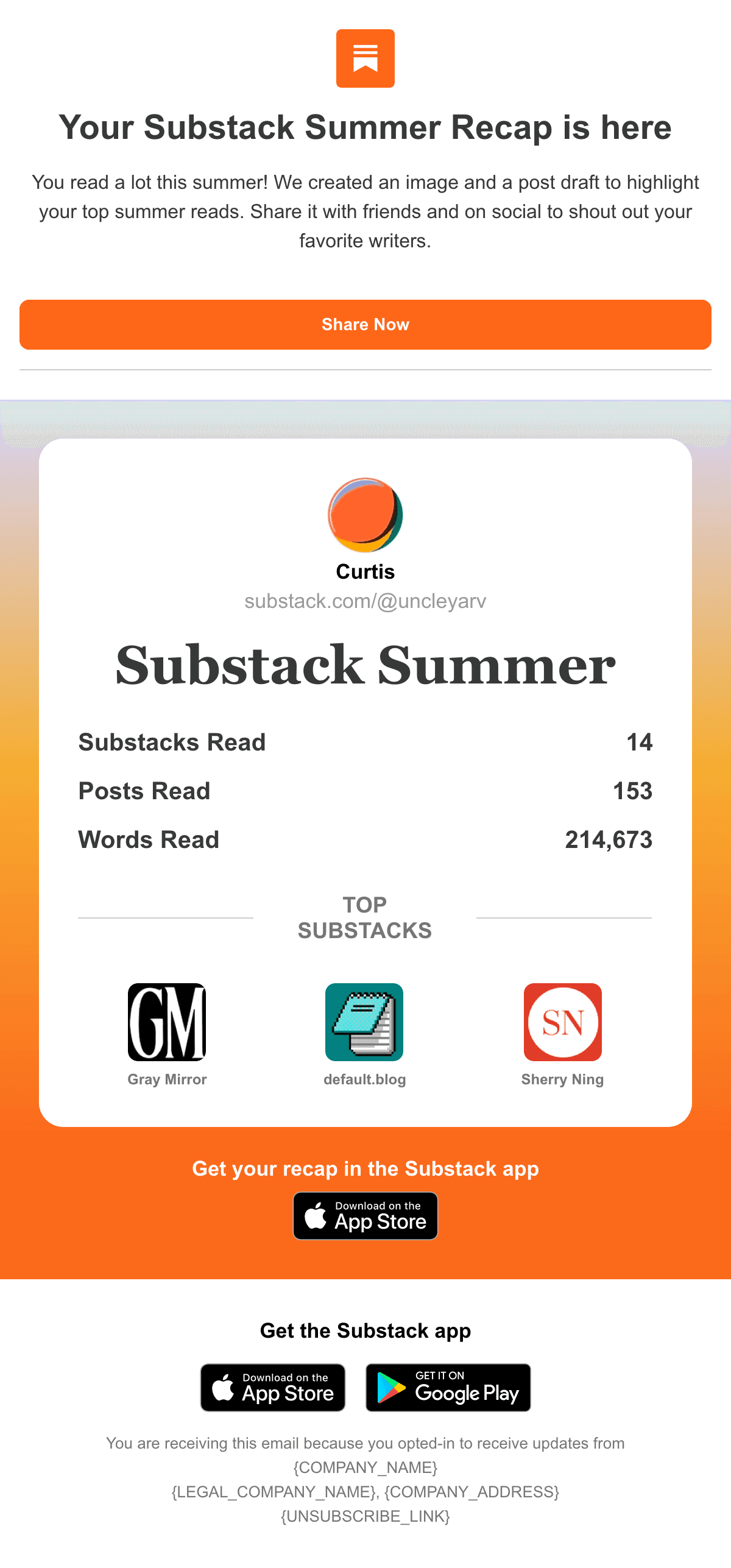 ดีไซน์อีเมล Your Substack Summer Recap