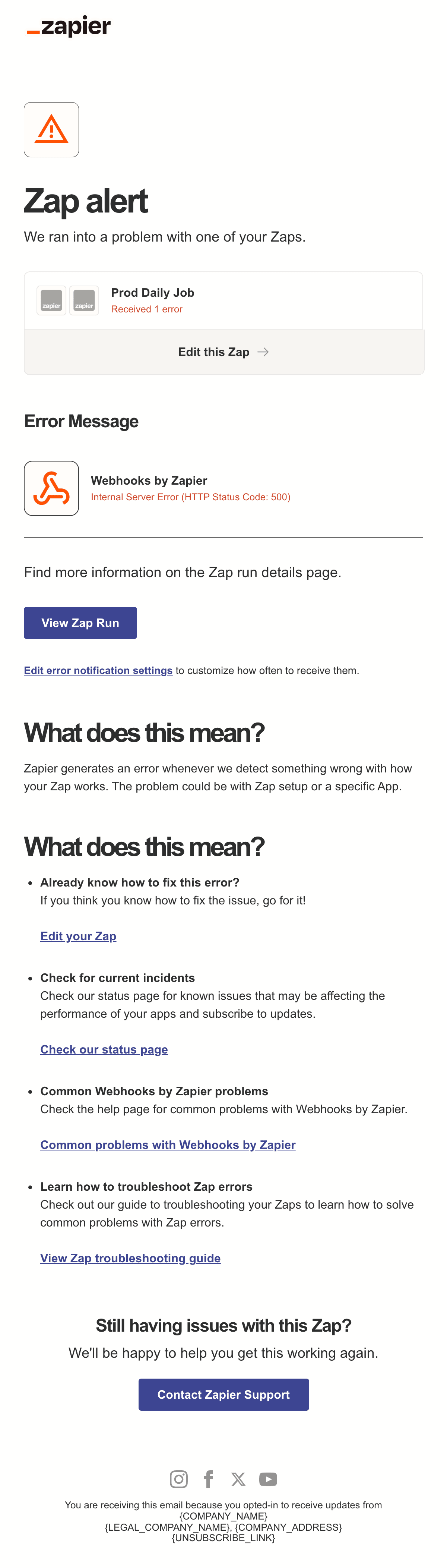 ดีไซน์อีเมล Zap Alert — We Ran Into a Problem