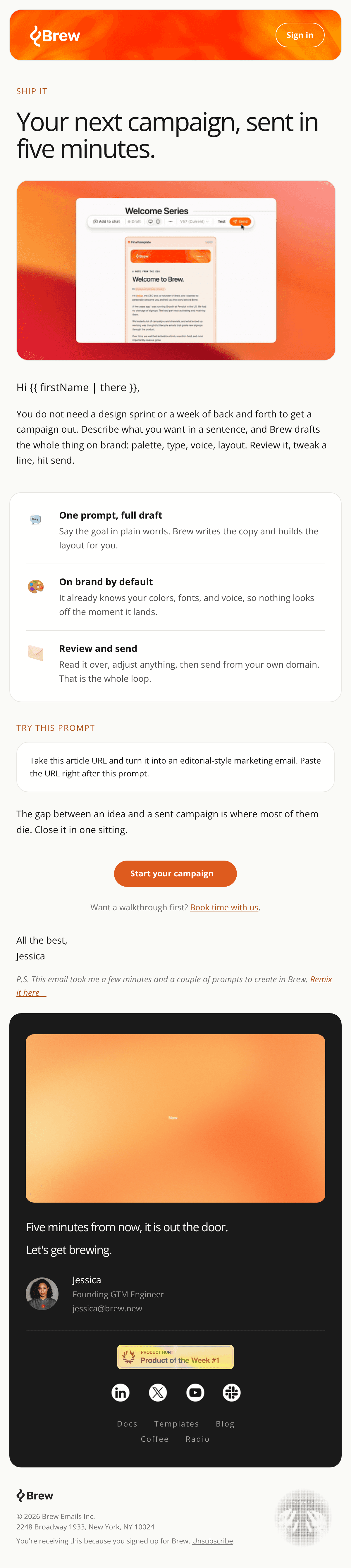 Your next campaign, start to send, in 5 minutes email design