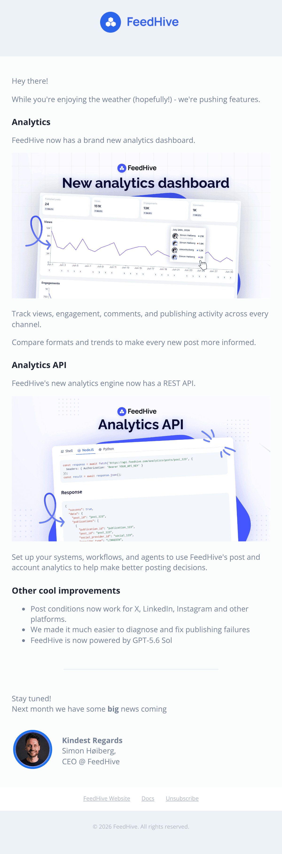 Product update: Analytics, new API endpoints, and much more email design
