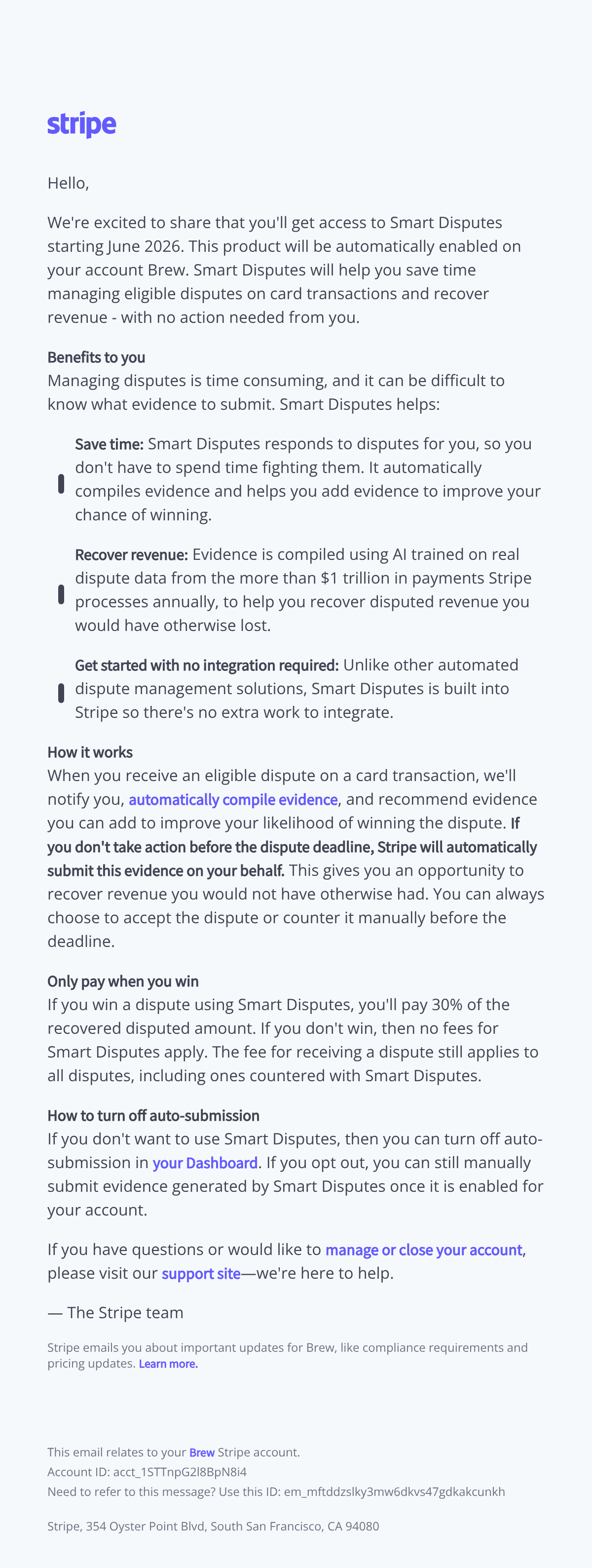 New AI-powered Smart Disputes will be enabled in June 2026 email design