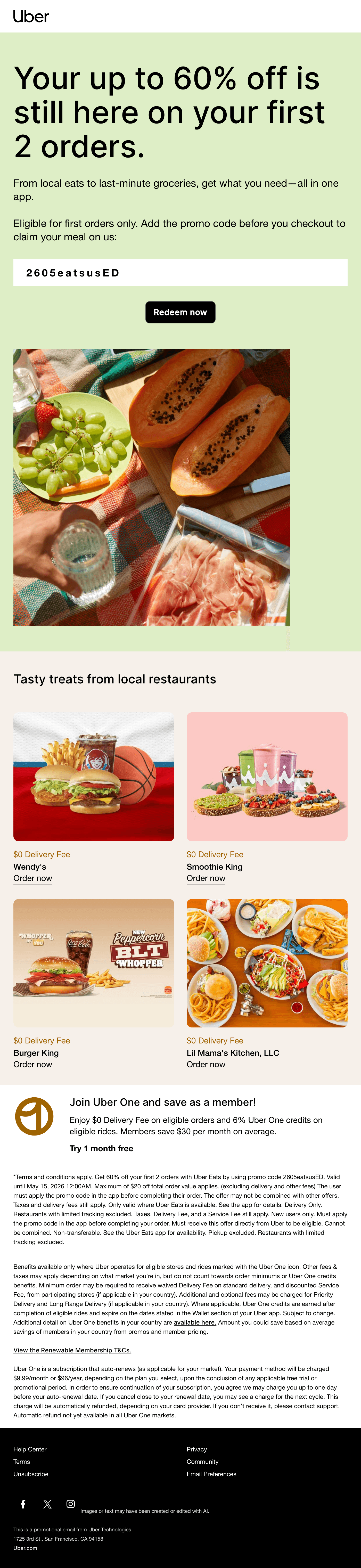 Diseño del email “Up to 60% off 🍕 🌯 🥗 🍔 on your first 2 orders.”