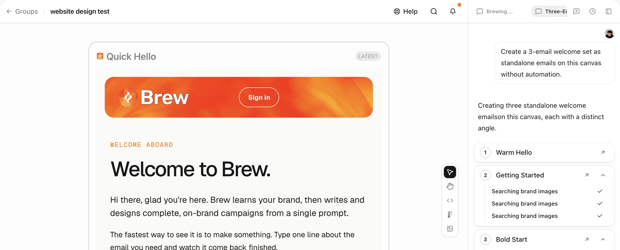 The Brew workspace: a welcome email on the canvas beside the chat that is writing it