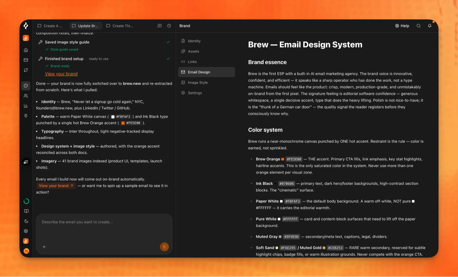 The Brew app showing a rendered email-design.md — the 'Brew — Email Design System' page with brand essence and a color system — beside the chat that generated the brand