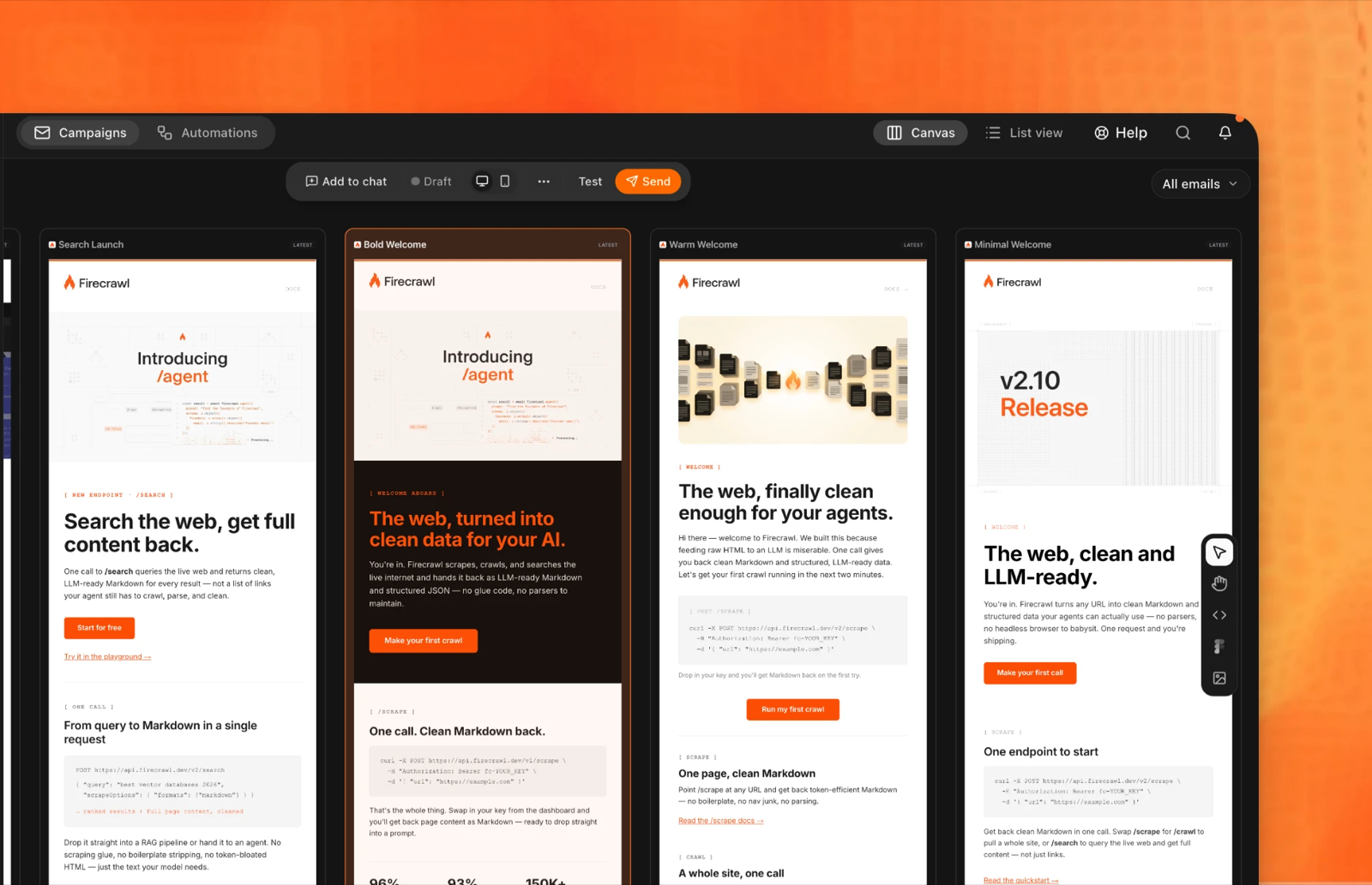 Four on-brand Firecrawl emails side by side in Brew — a search launch, a bold welcome, a warm welcome, and a release note — each visibly consistent with the brand