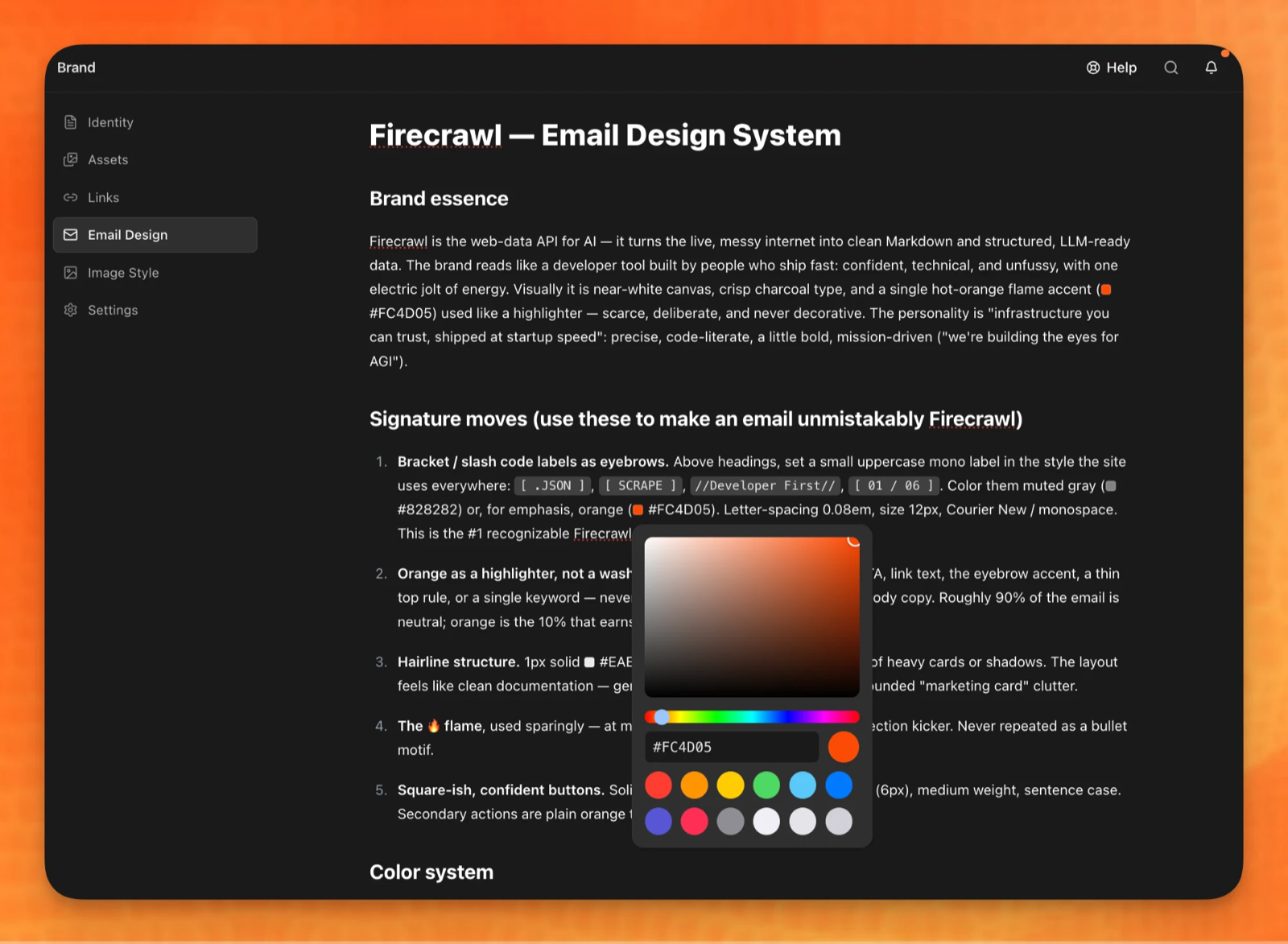 Firecrawl's email-design.md rendered in Brew, with a Signature moves section listing bracket-and-slash eyebrow labels, orange used as a highlighter, hairline structure, and a flame accent