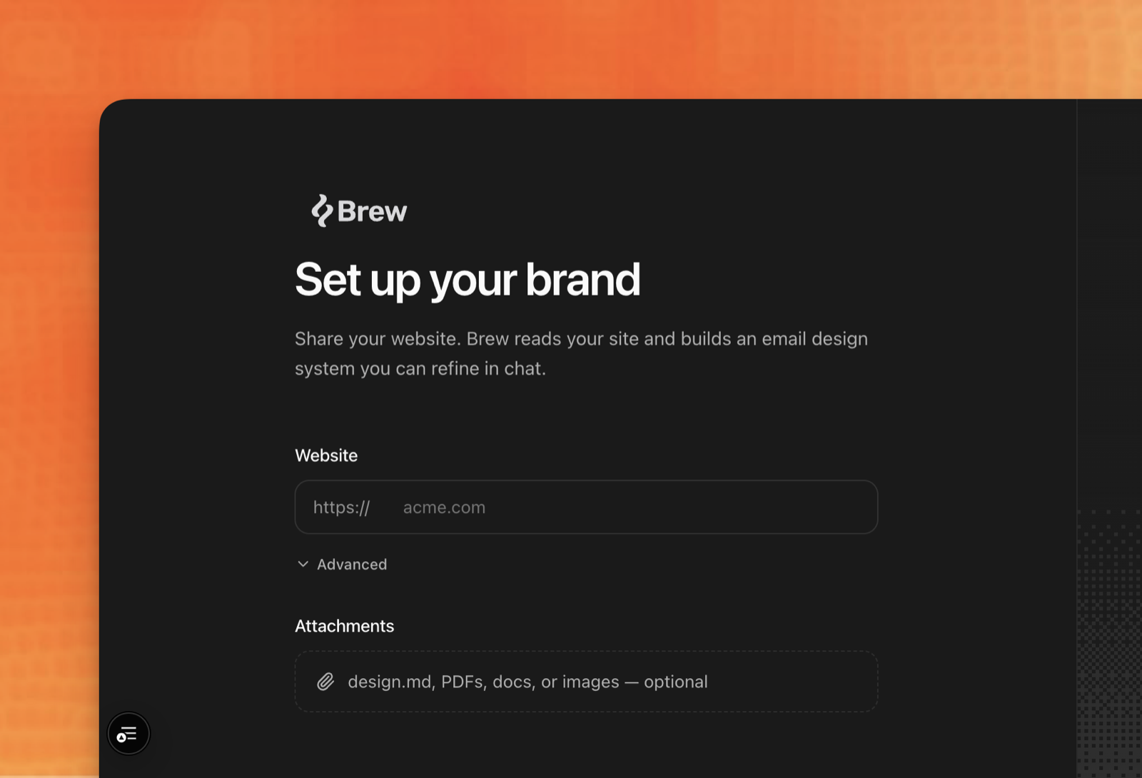 Brew's brand setup screen: a website field above an attachments box that accepts design.md, PDFs, docs, or images