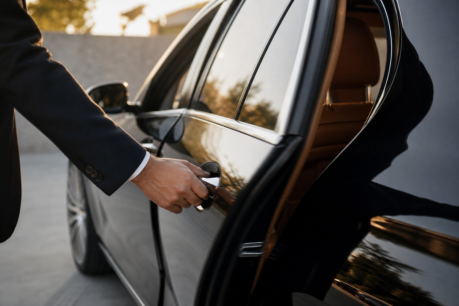 Close-up of a hand closing the door of a black German luxury car at golden hour