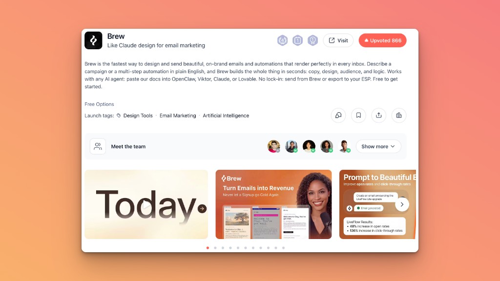 Brew's Product Hunt launch page showing the tagline 'Like Claude design for email marketing', description, and gallery thumbnails