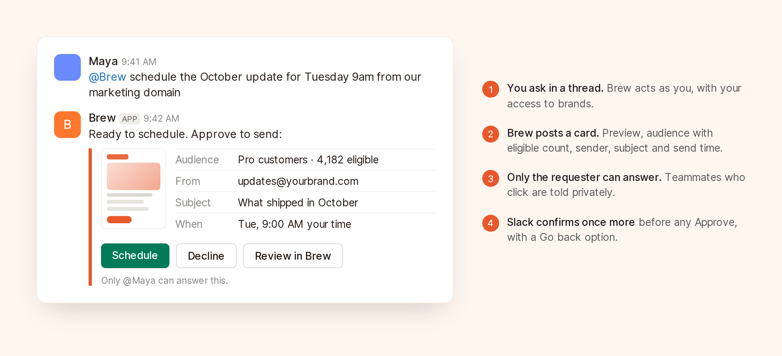 A Slack thread where @Brew drafts a launch email and posts an approval card with the audience, sender, subject and send time.